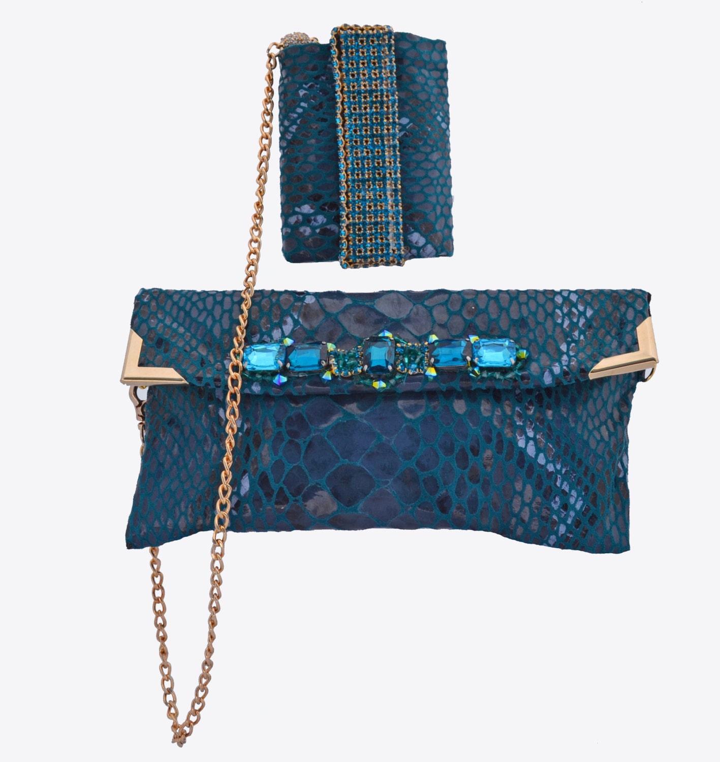 Snakeskin Leather Clutch Cuff-  Teal Turquoise Embellished purse