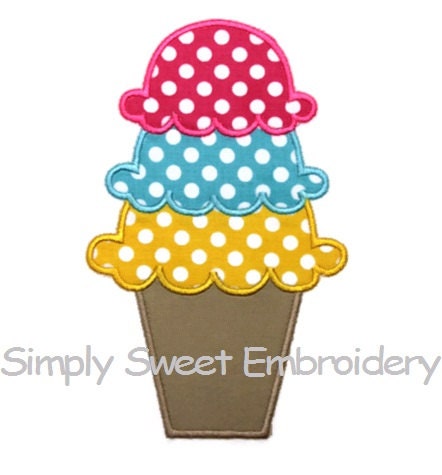 Triple Scoop Ice Cream Cone Machine Embroidery Applique Design