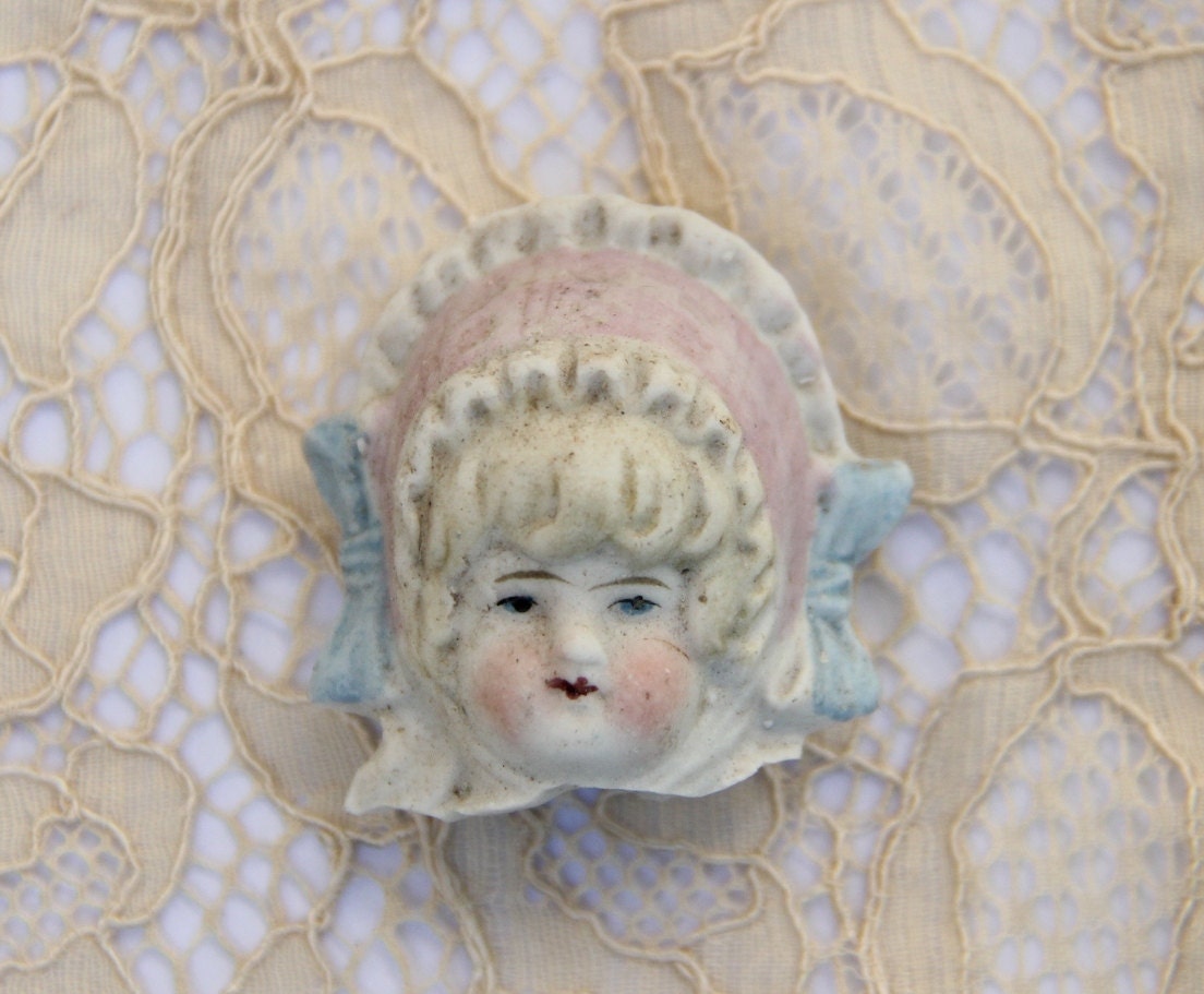 Bisque Doll Head from Germany- Blonde Hair and Flowered Hat