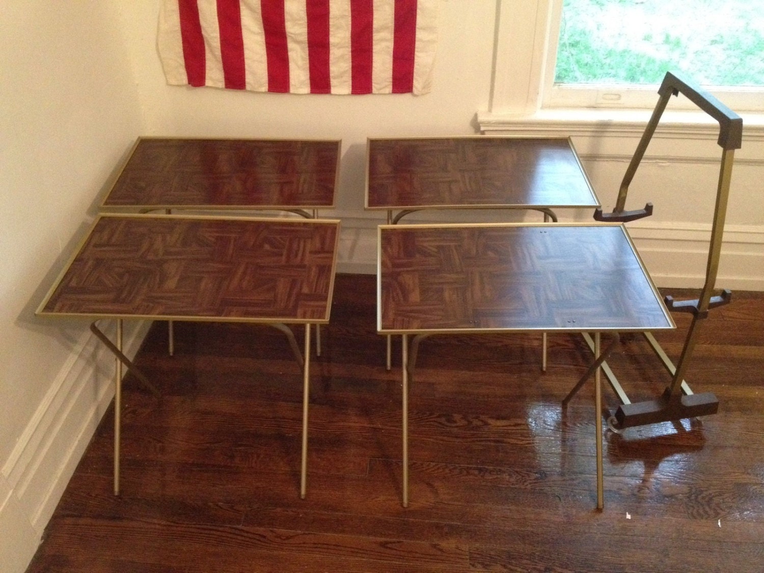 4 tray set vintage Mid Century tv trays tables with stand 1970s