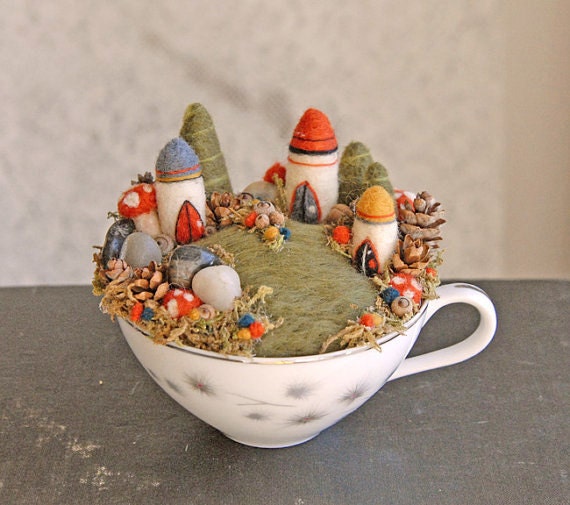 Tiny Fairy Houses and Village, Waldorf Fairy Garden in a Cup, Needle Felted