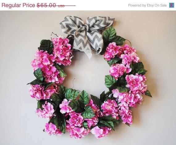 25% Off Hydrangea Wreath, Summer Door Wreath, Chevron Wreath