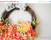 25% Off Coral and Chevron Wreath, Summer Wreath for Door, Chevron print burlap