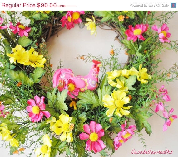 25% Off Summer Door Wreath, Rooster Wreath, Pink and Yellow Wreath, Door Wreath, Front Door Wreath, Etsy Wreath, Mother's Day Gift