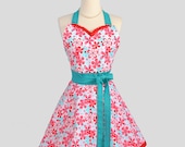 Sweetheart Retro Apron / Cute Kitchen Full Retro Womens Apron in Aqua Red Pink and Turquoise Blue Sexy Cute Retro Apron
