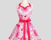 Sweetheart Retro Apron - Sexy Flirty Apron in Spring Raspberry Pink Floral Cute Full Womens Kitchen Apron