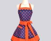 Ruffled Retro Apron , Handmade Flirty Full Womens Apron in Orange and Navy Dot