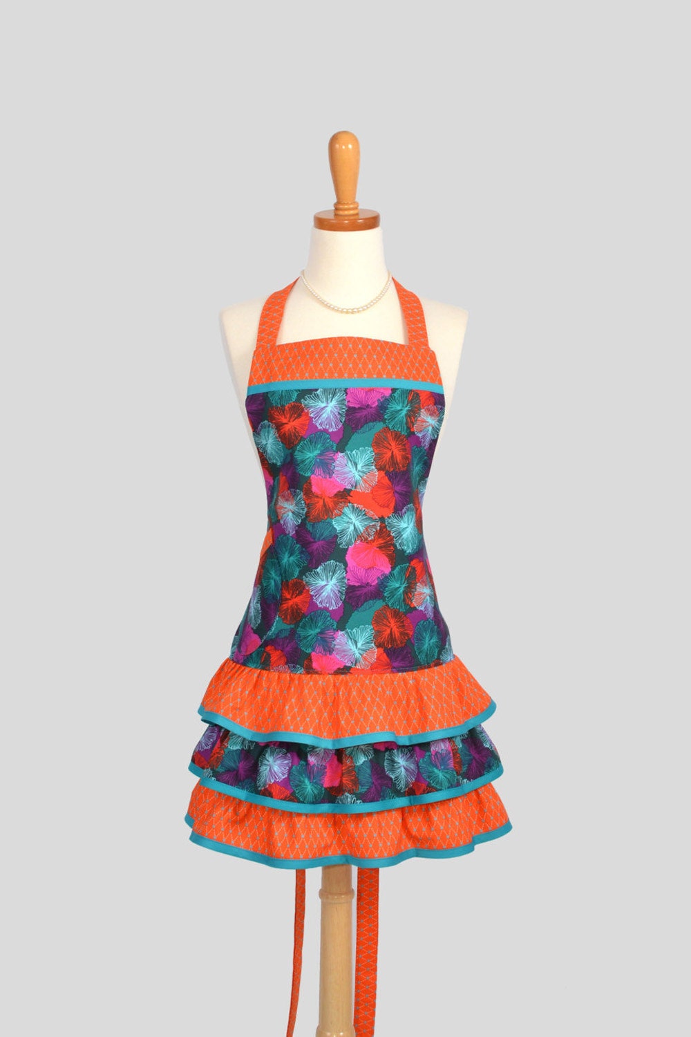 Ruffled Retro Apron . Flirty Full Womens Handmade Apron Riley Blakes Teal and Orange Argyle Purple Print Ruffled Vintage Style Skirt