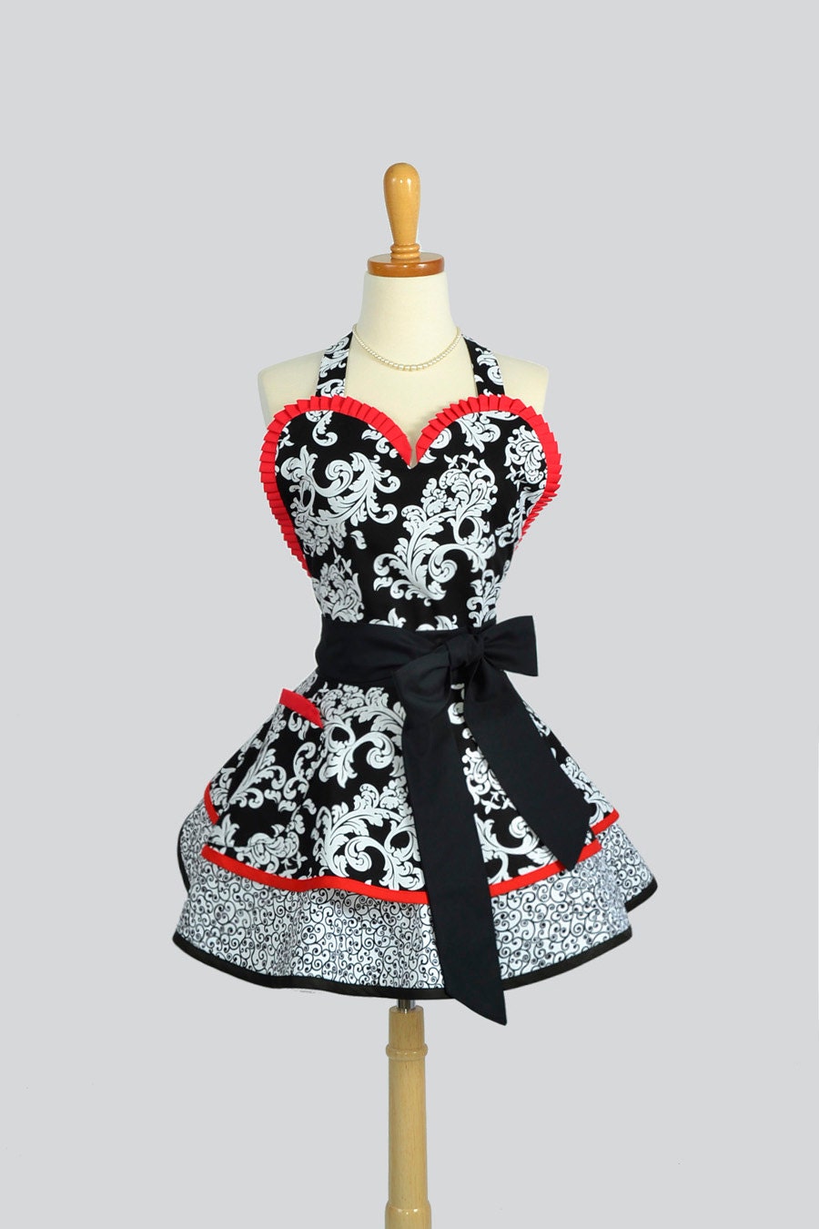 Sexy Retro PinUp Apron : Flirty and Cute Pinup Apron in Black and White Damask Trimmed in Red