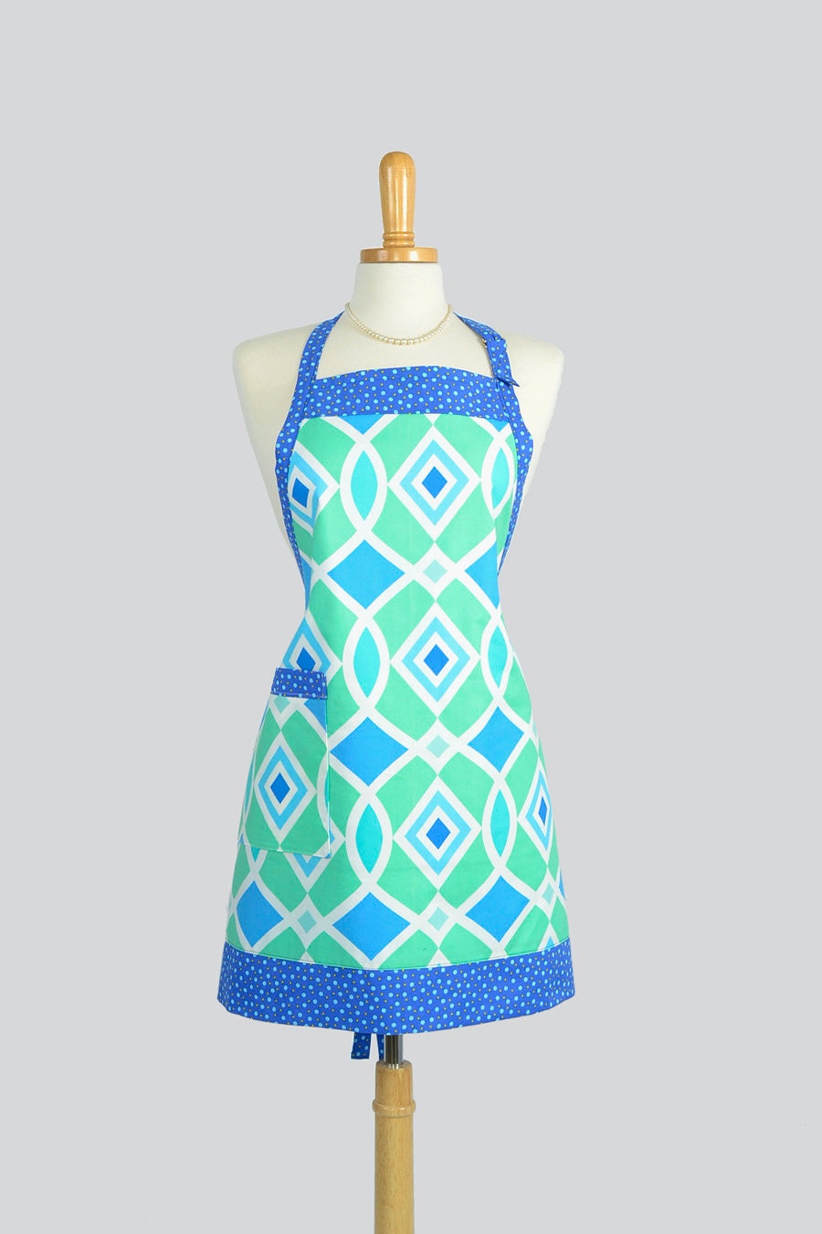 Reversible Chef Apron . Womens Kitchen Cooking Apron in Ocean Shades of Blue and Mint Green Adjustable Neck Towel Ring and Pockets