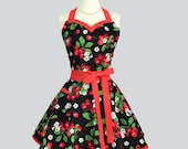 Sweetheart Retro Apron - Sexy Flirty Womens Apron Red and Black Cherry Jubilee Cute Handmade Full Kitchen Apron