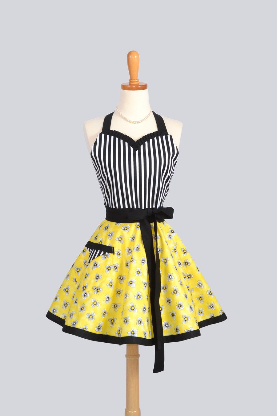 Sweetheart Retro Apron / Modern Retro Womens Apron Ruffled Bodice in Honey Bee Black and White Stripe Yellow Floral Skirt