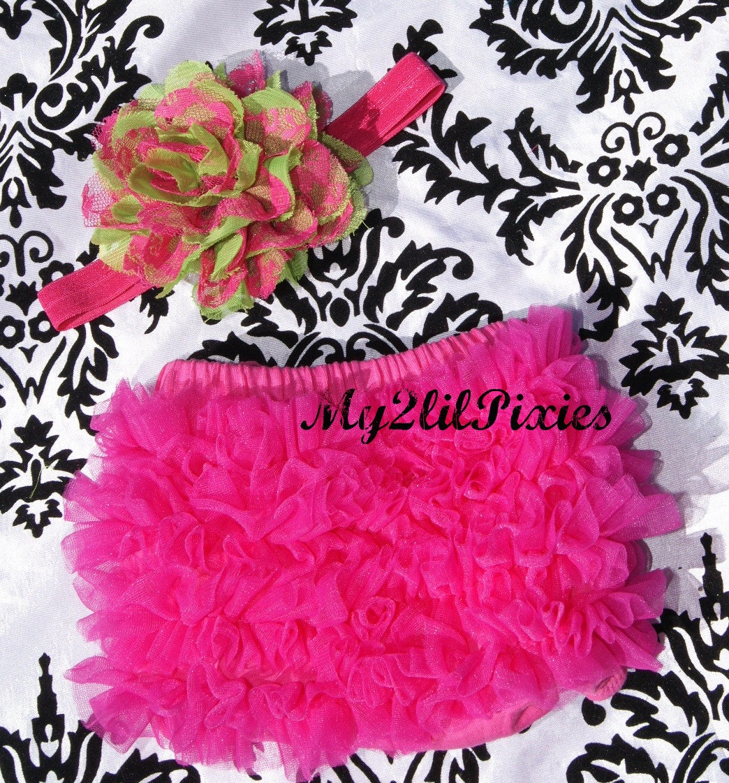 Set- Inspired Lace Vintage Ruffle Bum Baby Bloomer and Inspired Vintage Lace Frayed Flower on Stretch Headband-