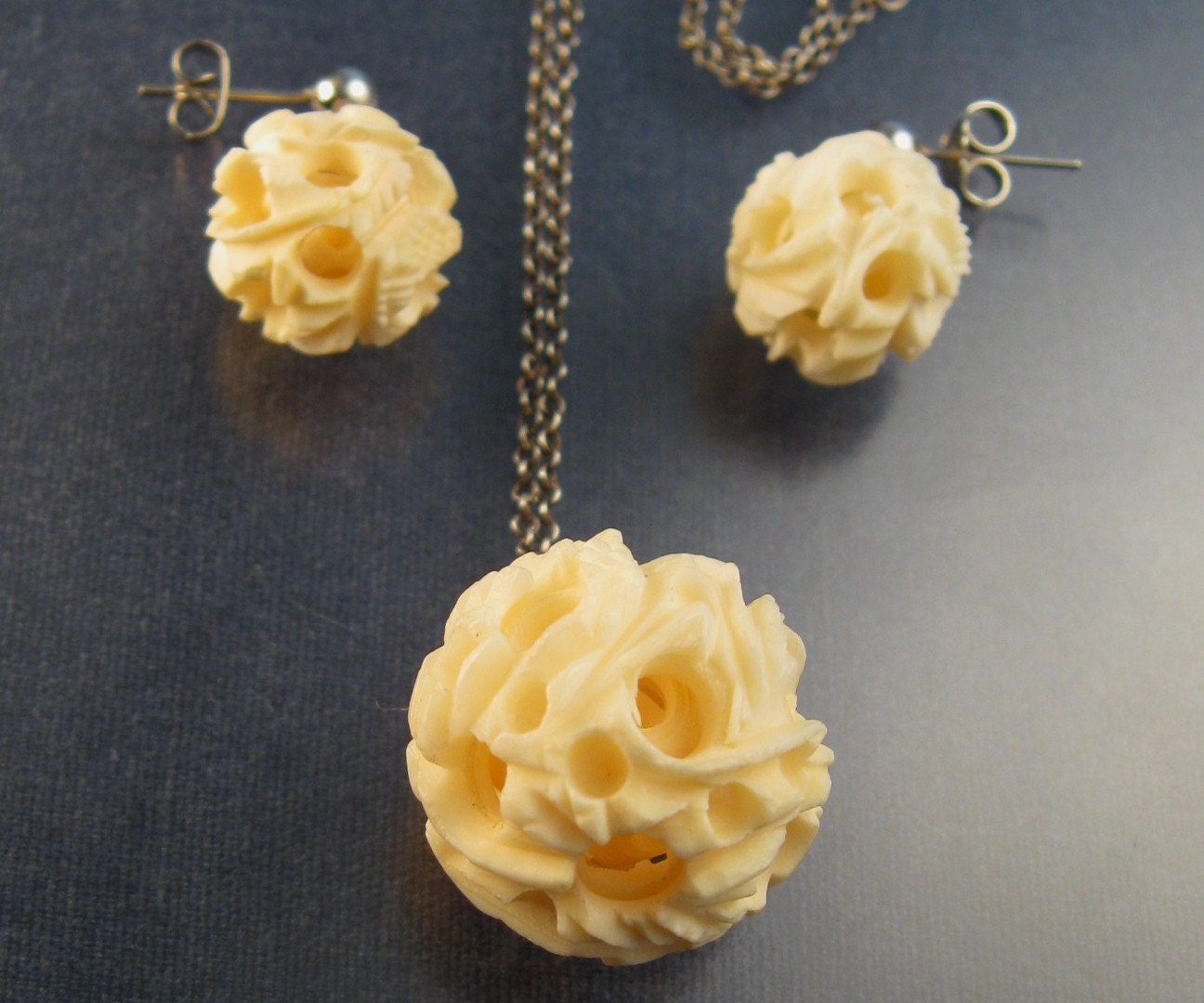 Faux Ivory Puzzle Ball Necklace & Earrings Vintage