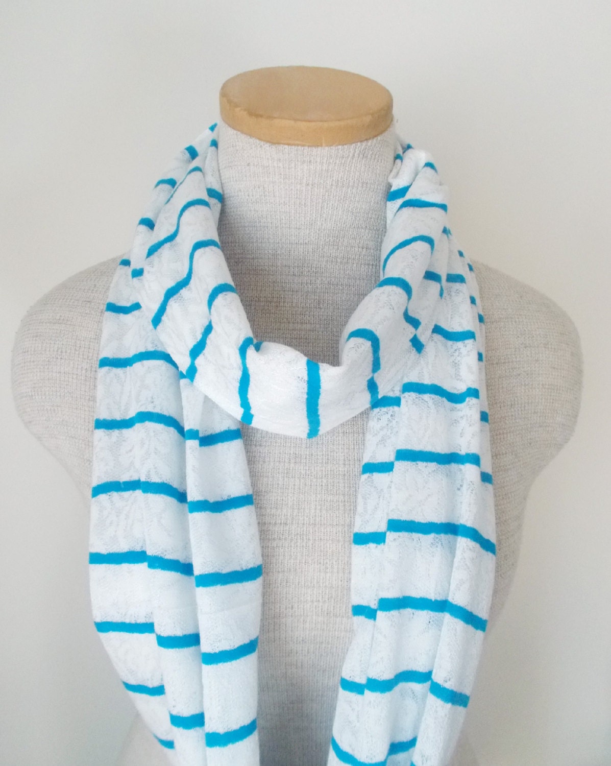 White Lace Infinity Circle Scarf with Blue Stripes