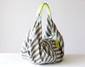 Stripe cotton bag , slouch bag , hobo bag  in canvas and lime yellow leather - Kallia bag