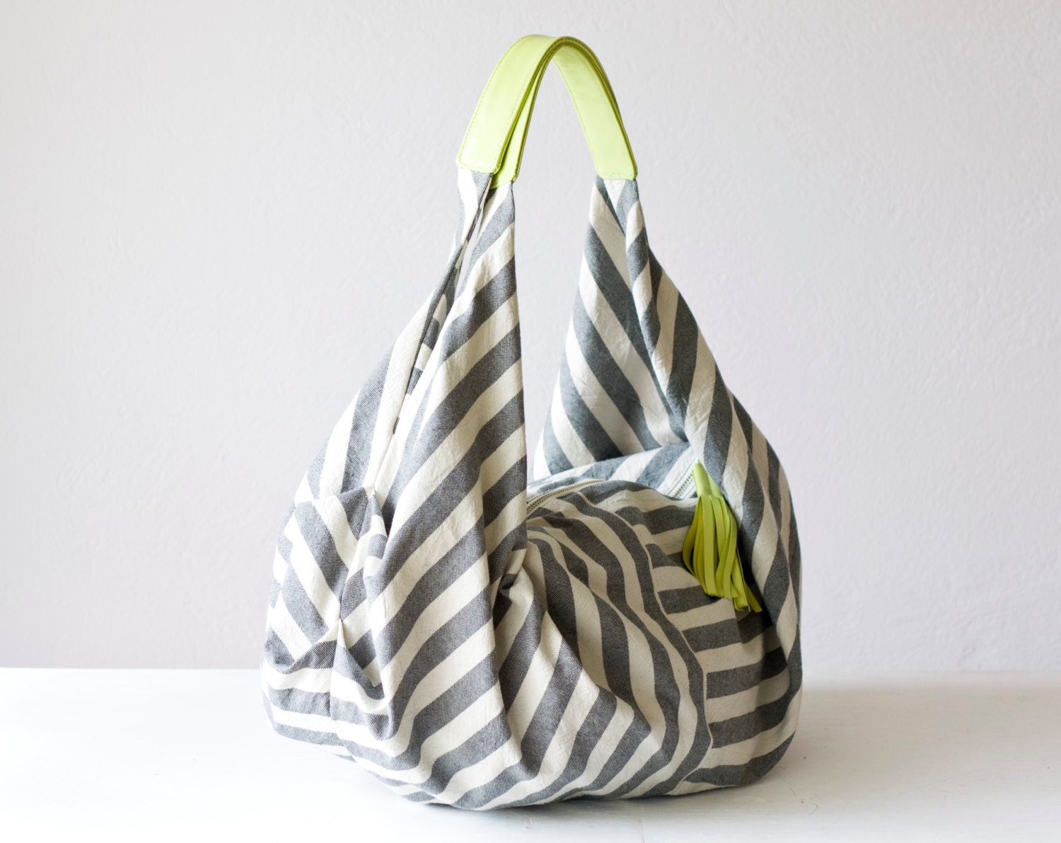Stripe cotton bag , slouch bag , hobo bag  in canvas and lime yellow leather - Kallia bag