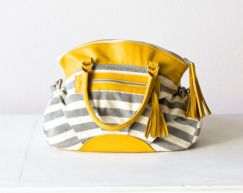 Handbag , messenger bag , shoulder bag  in stripe cotton canvas and yellow leather - Arethusa bag