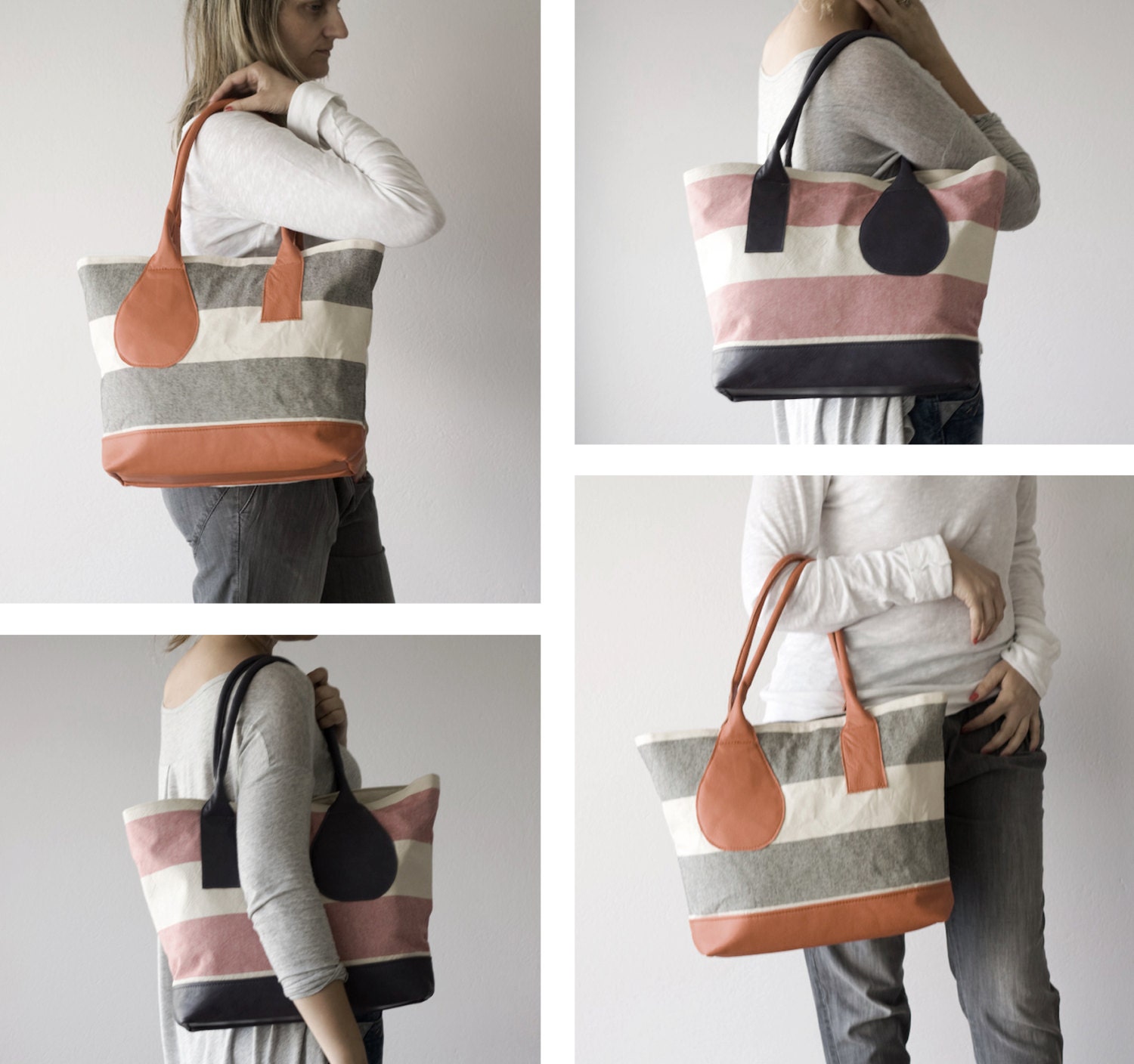 Shoulder bag , stripe tote , stripe purse in grey and offwhite with Yellow leather - Kallisto bag