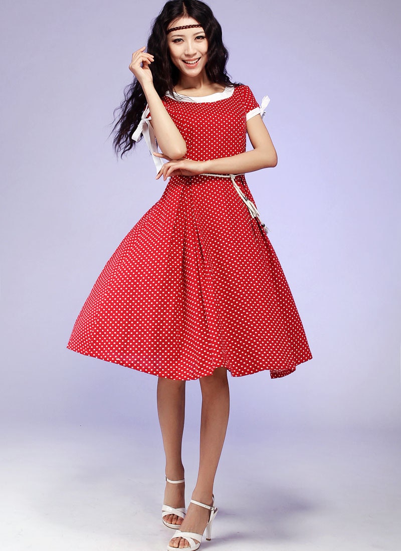 Red pulka midi woman linen dress   (580)