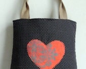 Polkadots with tapesrty Neon orange heart, tote bag with burlap