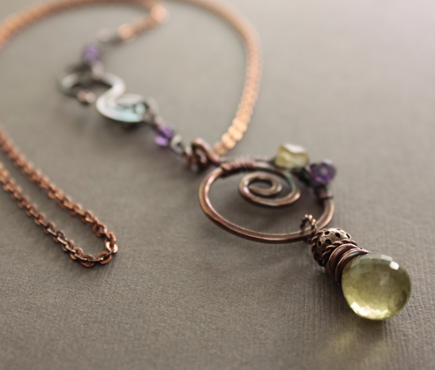 Copper necklace with light lemon quartz with amethyst and citrine accents with decorative hook clasp - Stone necklace - Pendant necklace