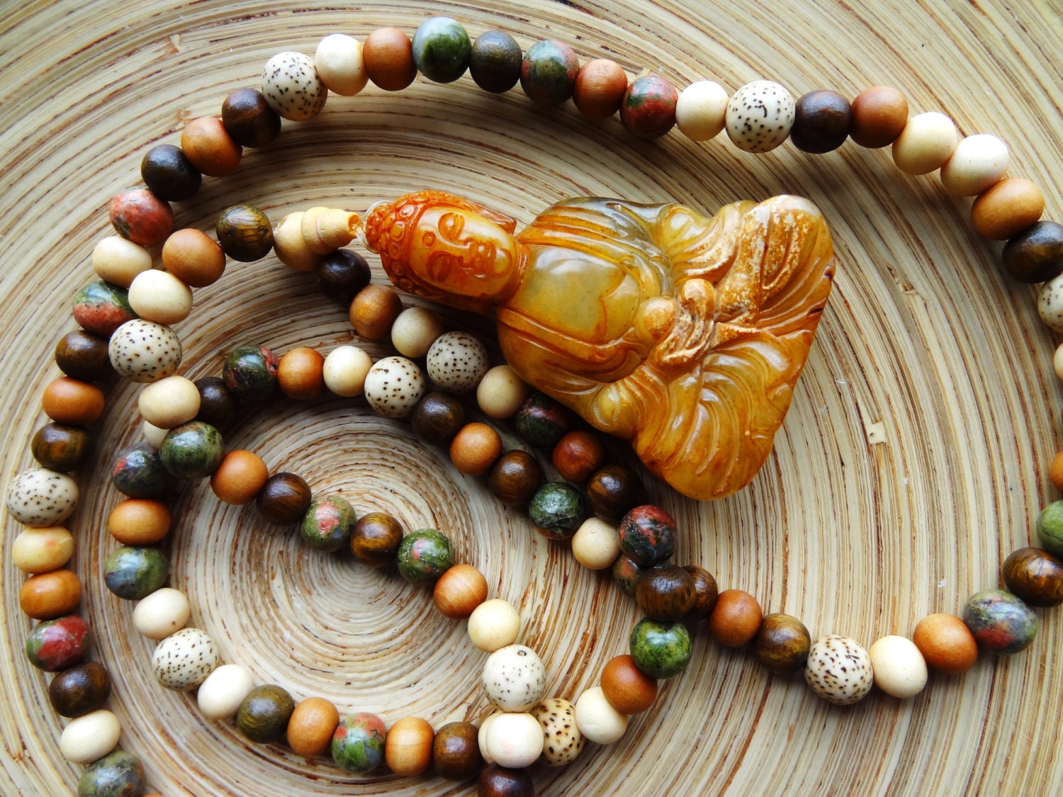 Buddha Mala Style Orange Green Jade Bodhi Unakite Sandalwood 108 Beads Necklace