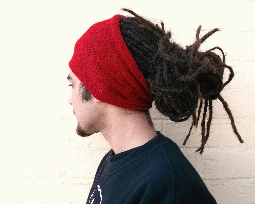 Red headband, mens hair wrap, wide knit accessory.