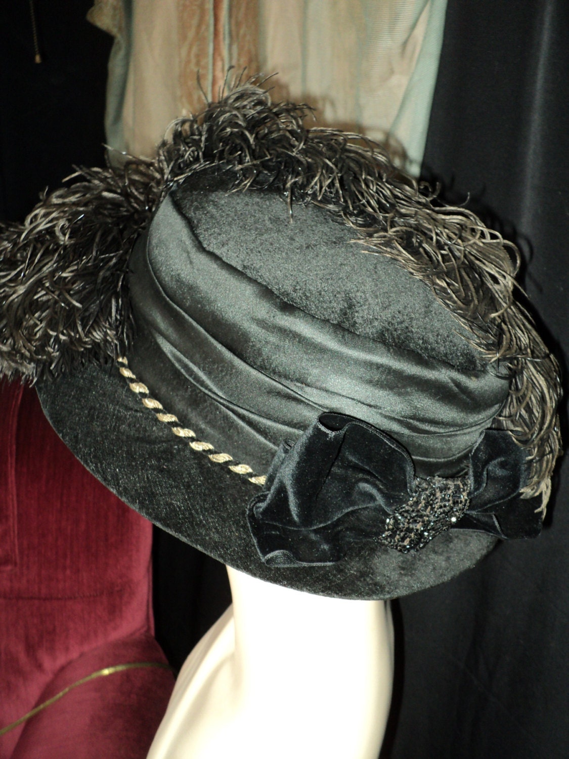 1910 Edwardian Hat with Original Plumes with Velvet Flowers Metallic Braid and Bow Museum Quality