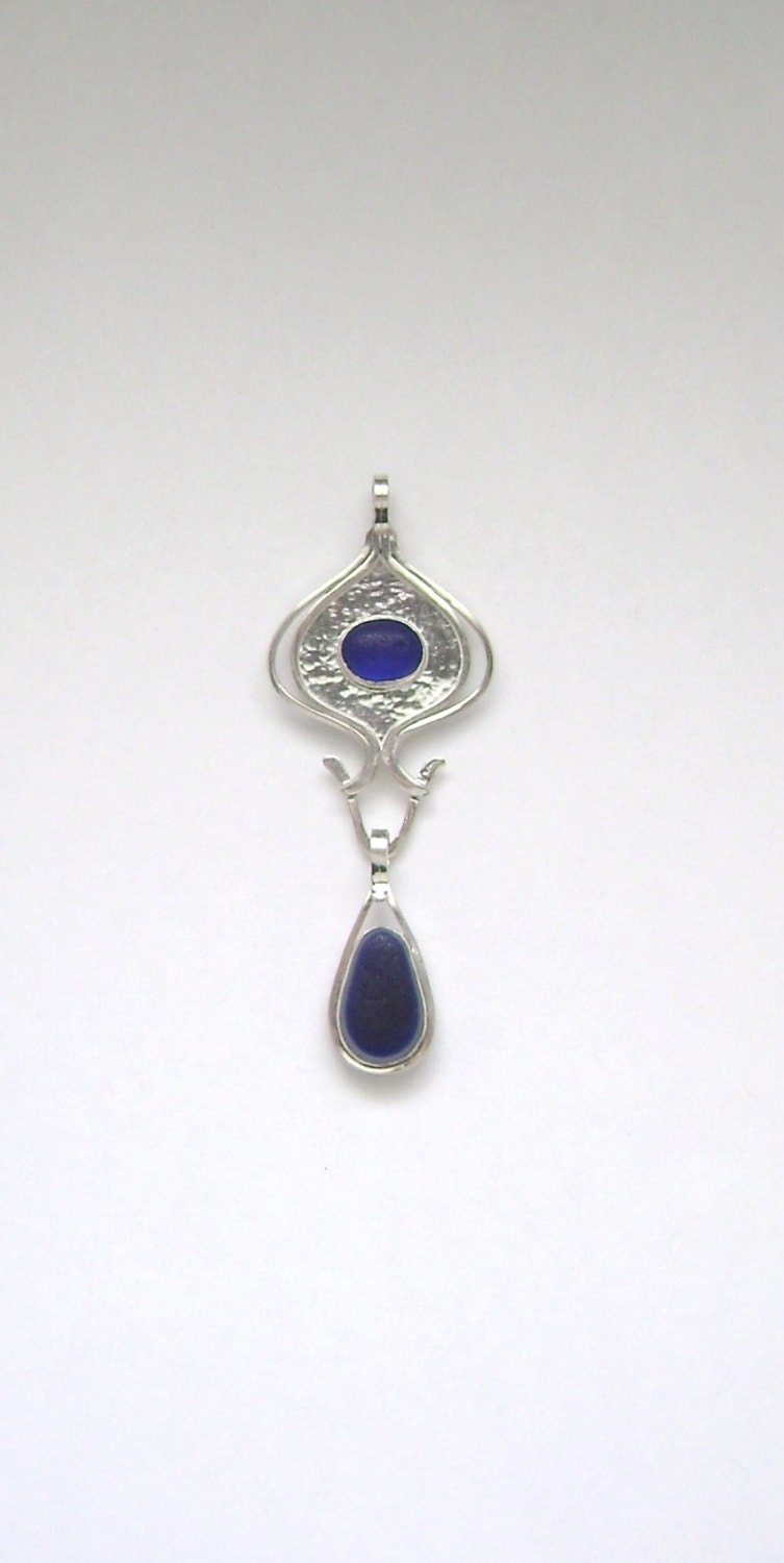 Sea Glass Jewelry - Rare Cobalt Victorian English Sea Glass 3 in 1 Pendant
