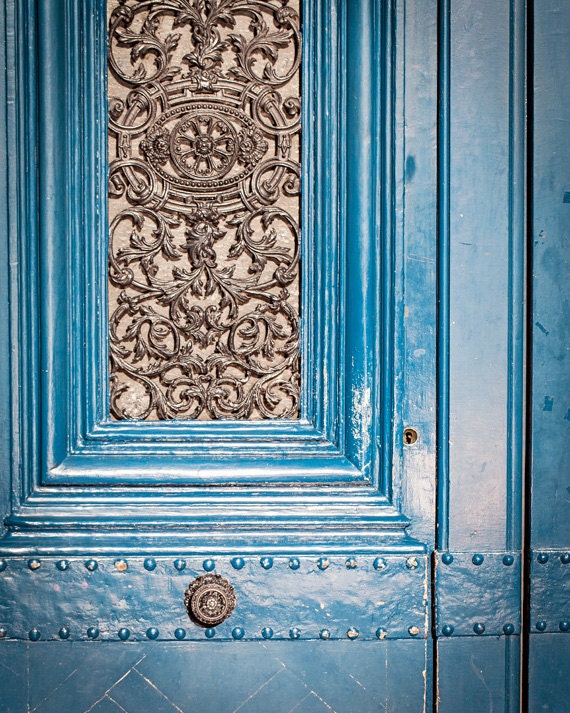 Paris Photography, Paris Blue Door Photograph, Ornate Iron, Rustic Travel Decor, France Fine Art Print - French Blue (8x10)