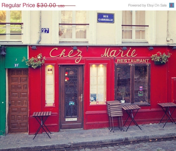 ON SALE Paris Color Photography, Montmartre Paris Cafe Photo Print, Fine Art Travel Decor Photography, Chez Marie - Lady In Red (8x10)