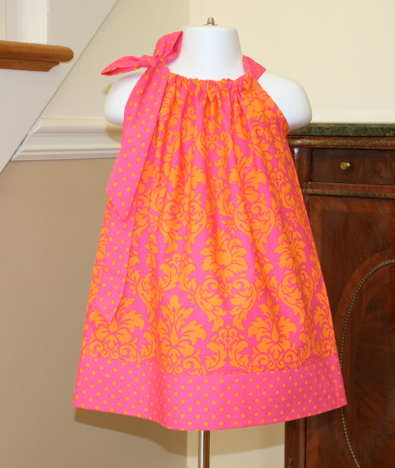 sorbet damask Pillowcase dress Michael Miller hot pink and orange polka dot toddler girls easter dresses