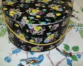 Vintage metal floral container, tin, metal, box, yellow, purple, blue, black, pink, storage, container, litho