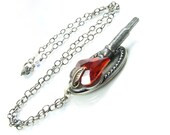 Skeleton Key Jewelry, Red Heart Necklace, Valentine Jewelry, Swarovski Heart Pendant, Steampunk Necklace, Sterling Silver, Love