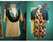 Beige Polka Dots Brown Turquoise Damask Leaf Print Shirt - Size Large