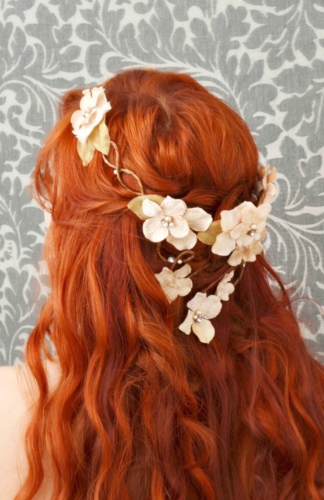 wedding flower crown, hair wreath, cream velvet floral head piece, bridal accessory - champagne kiss