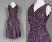Vintage Party Dress 60s 1960s Cocktail Dress Purple Pink and Brown Brushstroke Print Sleeveless V Neck Full Skirt Large