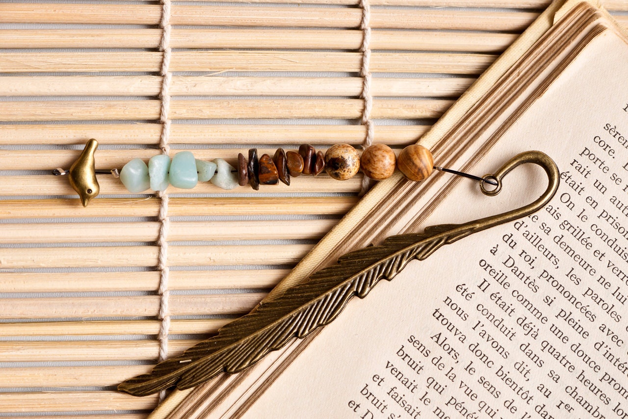 Thin feather bookmark in bronze with real semi-precious stones -jasper, tiger eye and amazonite
