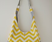 Slouchy Hobo Bag in Yellow and White Chevron Canvas with Grey Faux Leather accents  - ready to ship