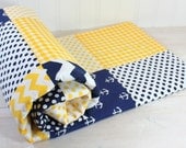 Baby Boy Blanket - Fleece Blanket - Yellow Navy Blue Chevron Nautical Anchors