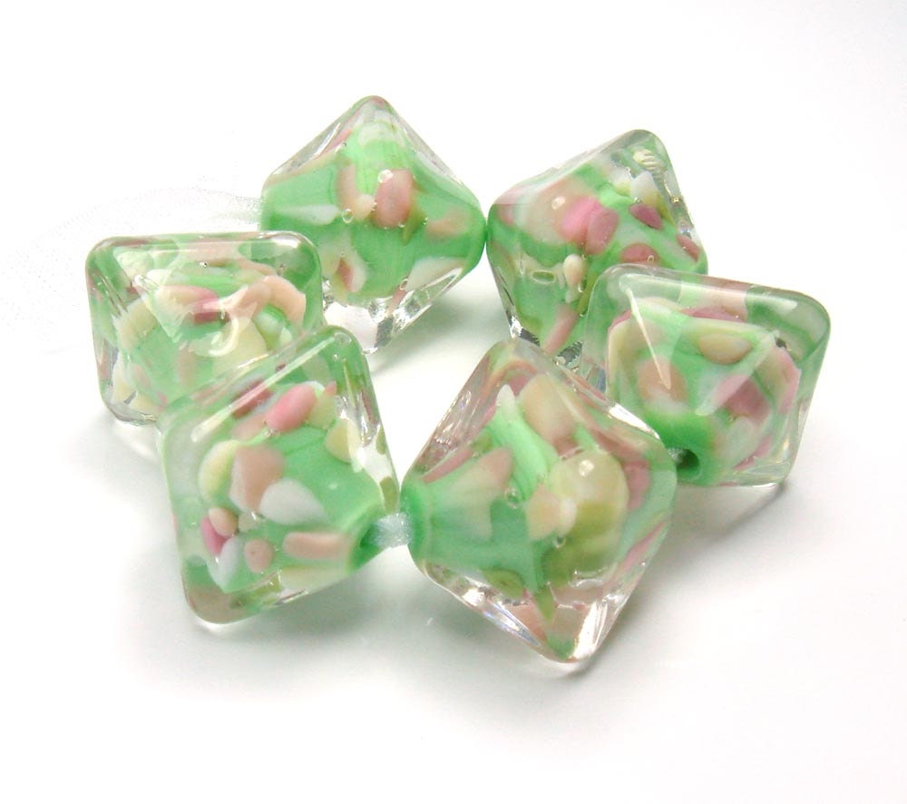 Lampwork beads  -  Will o the Wisp - Spring Delight  -  crystal shaped beads, 6 glass beads, pink, green, lemon