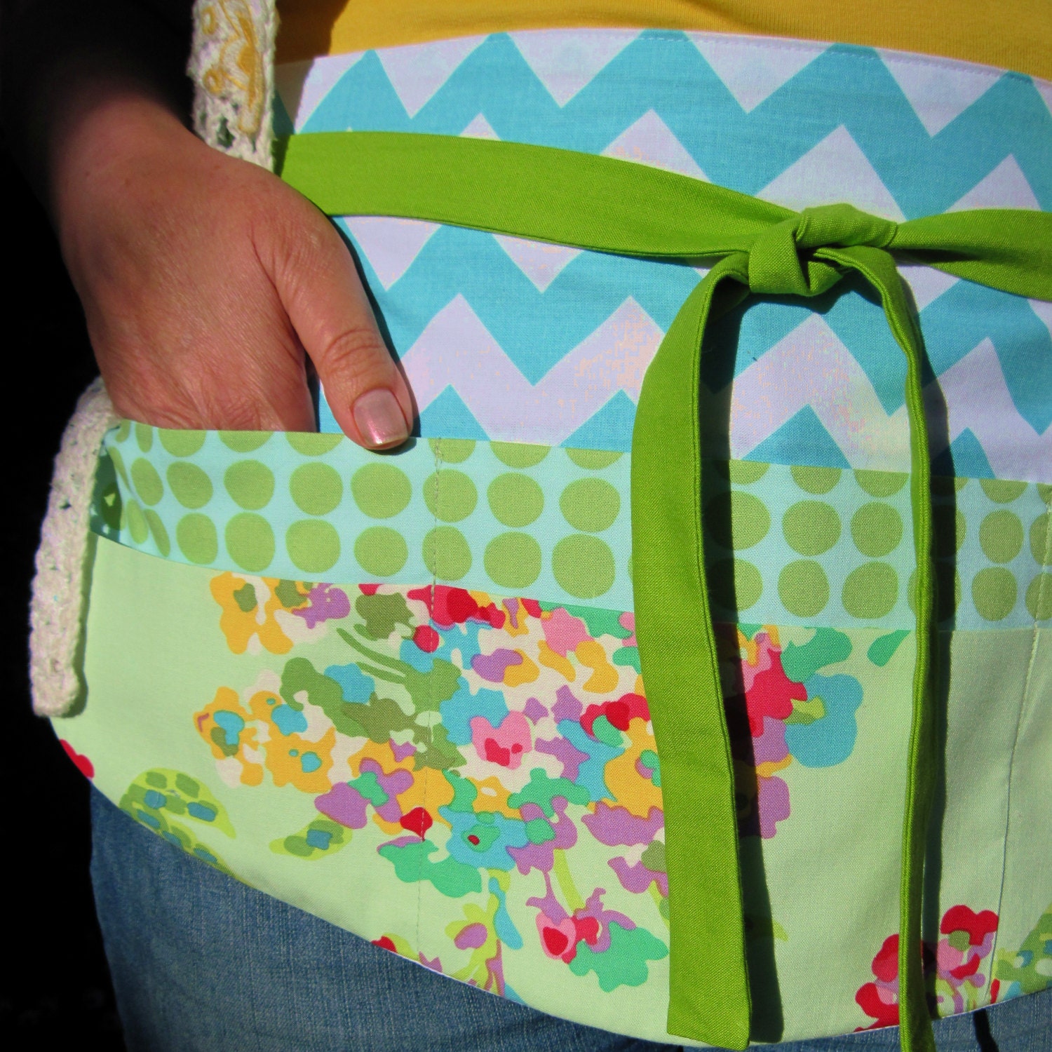 Garden Apron, New Item, Mint, Aqua Chevron & Dots Six Pocket Utility Apron-Teacher Apron, Vendor Apron, Shower Gift