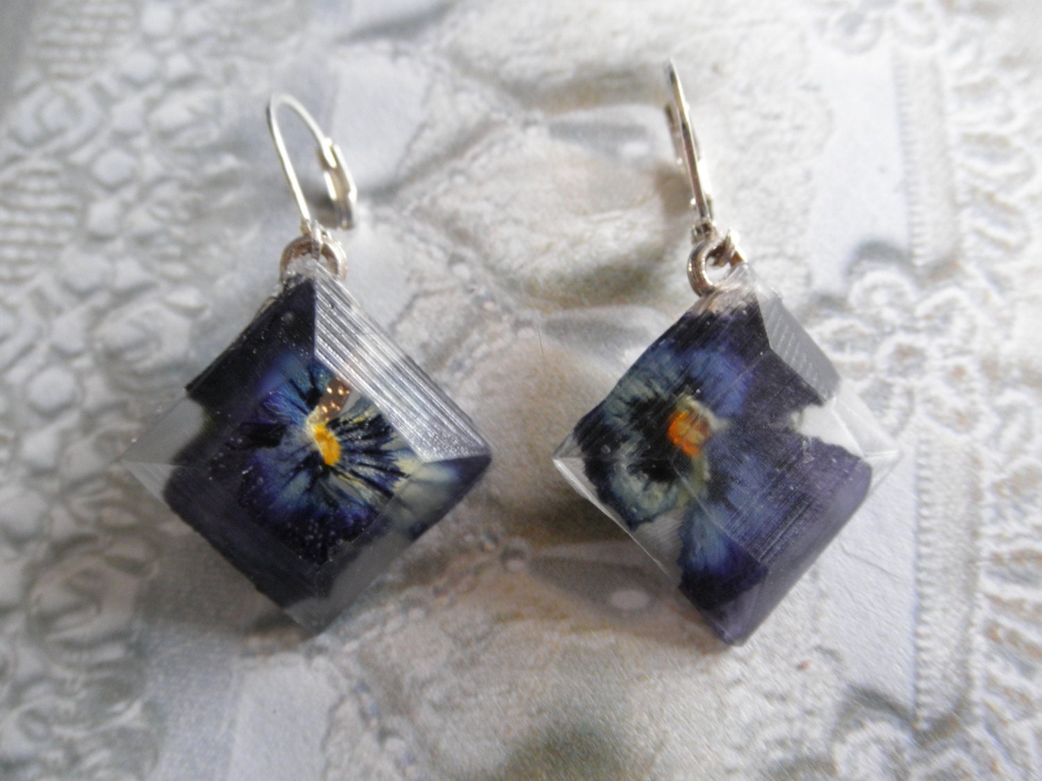 Loyalty-Ombre Purple Pansy  Pressed Flower Earrings-Beveled Edged Resin Square Earrings-Symbolizes Loyalty