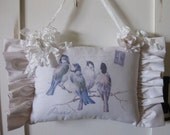French Country, Birds, Graphic Pillow, Ruffles, Hanging Pillow, Romantic, Cottage Chic, Ribbon