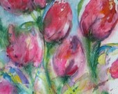 abstract tulip spring original watercolor painting garden flower landscape 8 x 10