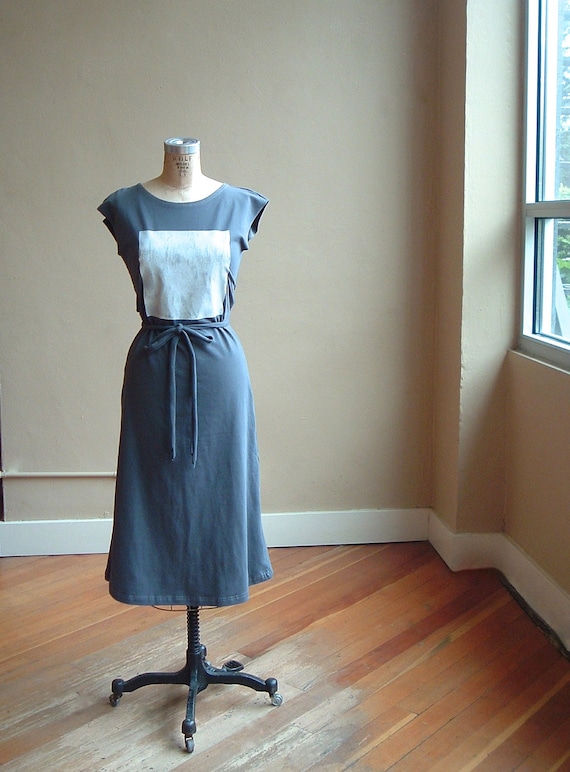 Size Extra Small- Jersey Dress Grey Cotton with white square, modern minimalist