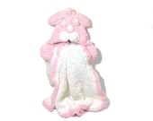 Hand Knit Hooded Blanket Bunny Intarsia -White Pink - bayahta