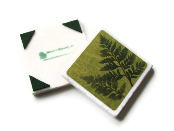 Leaf Coasters, Fern Decor, Spring Green Foliage Art, Summer Leaves Botanical Table Decor, Ceramic Tile, Set of 4