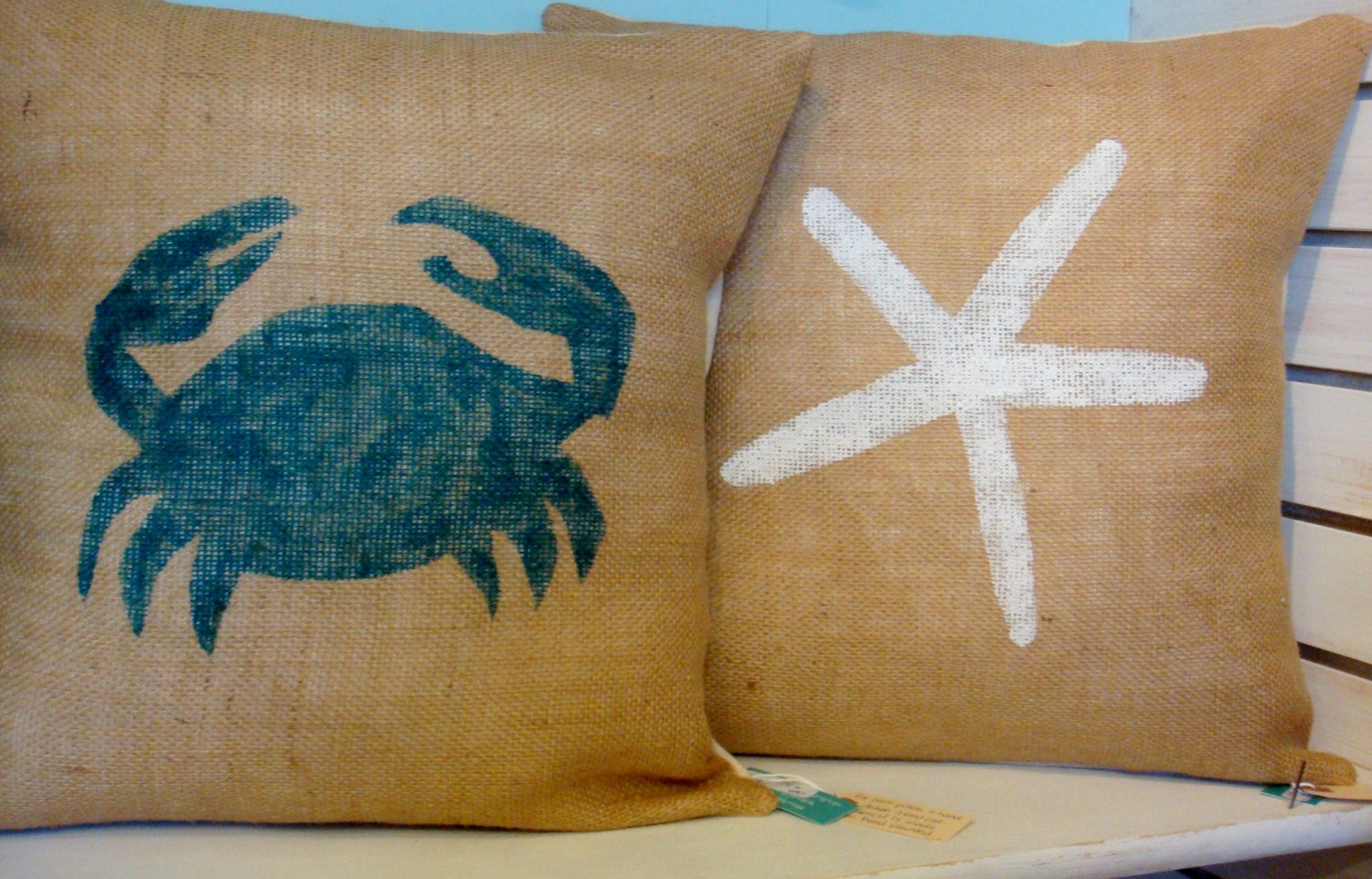 Handmade Burlap and Cotton Canvas Aqua Blue Crab  Pillow COVER